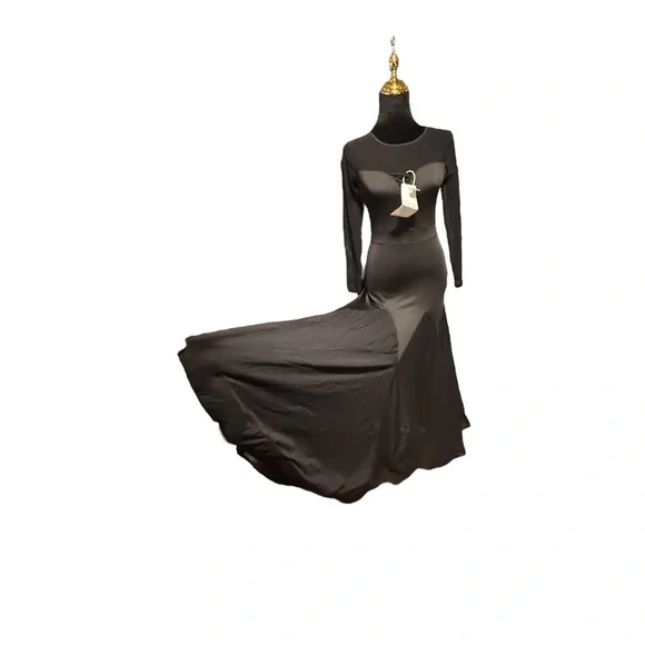 Dance & Sway Black Ballroom Dance Dress Size Large Full Skirt Sheer Long Sleeve - Picture 2 of 15